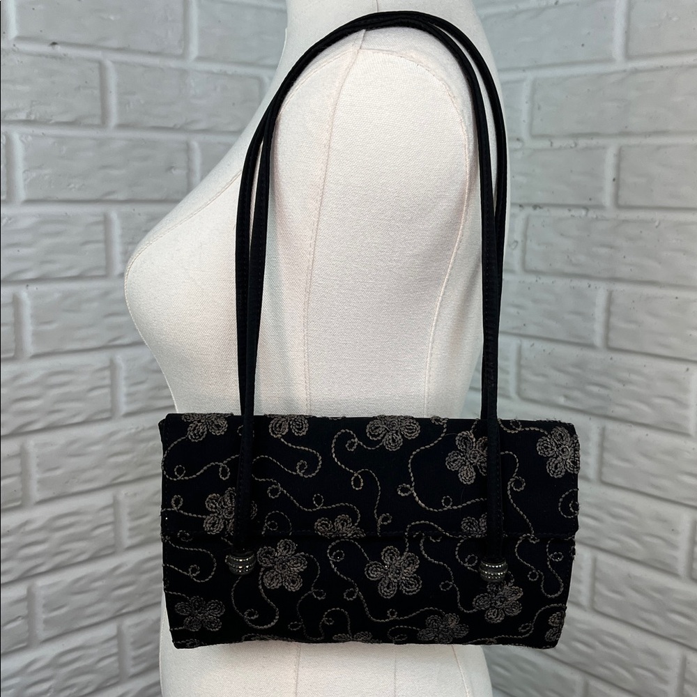 JUDITH JACK EVENING HAND BAG EMBROIDERED FLORAL BLACK MADE IN ITALY
